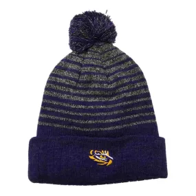 LSU Tigers TOW Gray Purple Stripe Acrylic Knit Cuffed Beanie Hat Cap with Poof