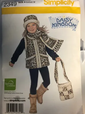 <€€ NEW SEWING Patterns GIRLS Size A 3 4 5 6 7 8 Simplicity #2349 Daisy Kingdom Childs Vest Scarf Bag Hat