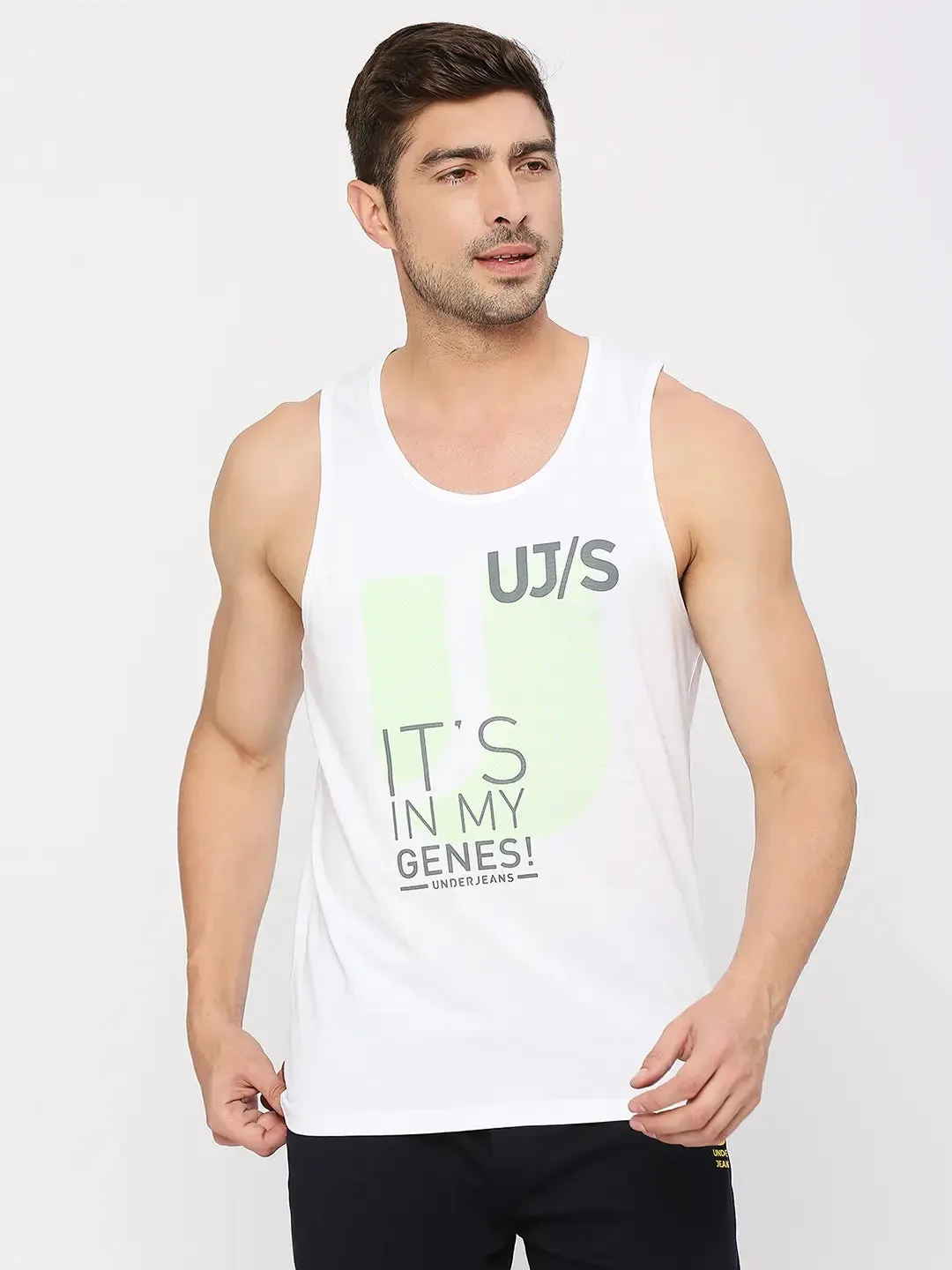 Men Premium Fashion White Muscle Vest- Underjeans By Spykar