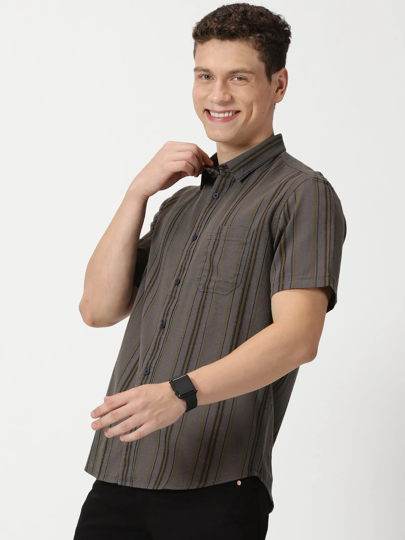 MEN'S DK BROWN STRIPE SLIM FIT SHIRT