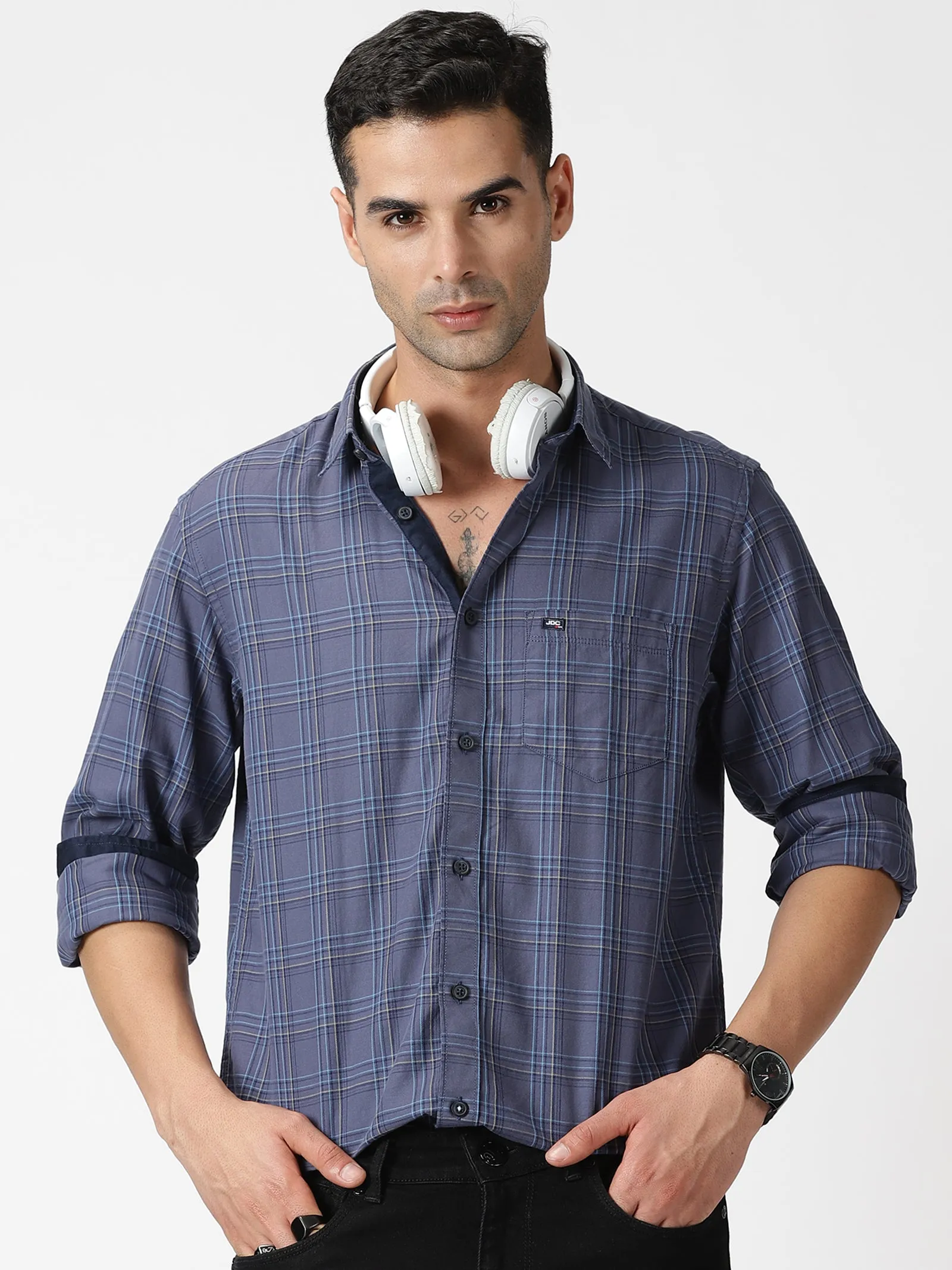 MEN'S DK GREY CHECKS SLIM FIT SHIRT