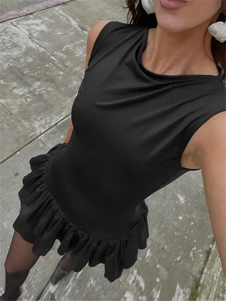 Mini Sleeveless Fit Splice Solid Slim Club Vest Ruffles Sexy Party Dress