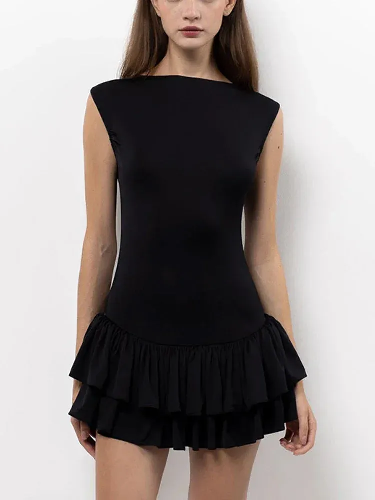 Mini Sleeveless Fit Splice Solid Slim Club Vest Ruffles Sexy Party Dress