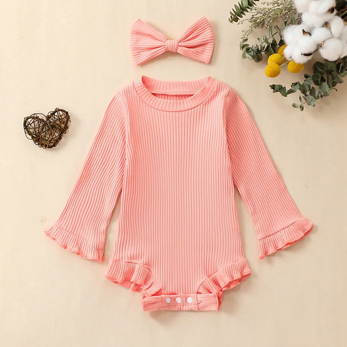 Multi-Color Long-sleeve Jumpsuit Headscarf Baby Little Girl Two-piece Set