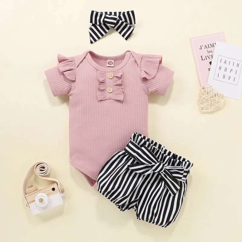 Newborn Baby Girls Outfits Clothes Cotton Solid Romper Jumpsuit   Denim Shorts Headband Sweet Set  New 2023