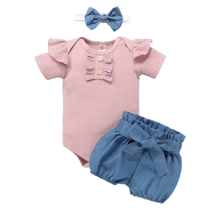 Newborn Baby Girls Outfits Clothes Cotton Solid Romper Jumpsuit   Denim Shorts Headband Sweet Set  New 2023