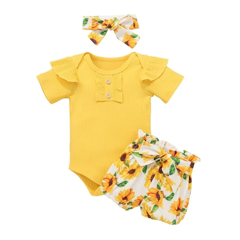 Newborn Baby Girls Outfits Clothes Cotton Solid Romper Jumpsuit   Denim Shorts Headband Sweet Set  New 2023