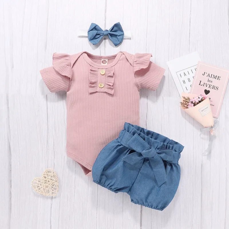 Newborn Baby Girls Outfits Clothes Cotton Solid Romper Jumpsuit   Denim Shorts Headband Sweet Set  New 2023