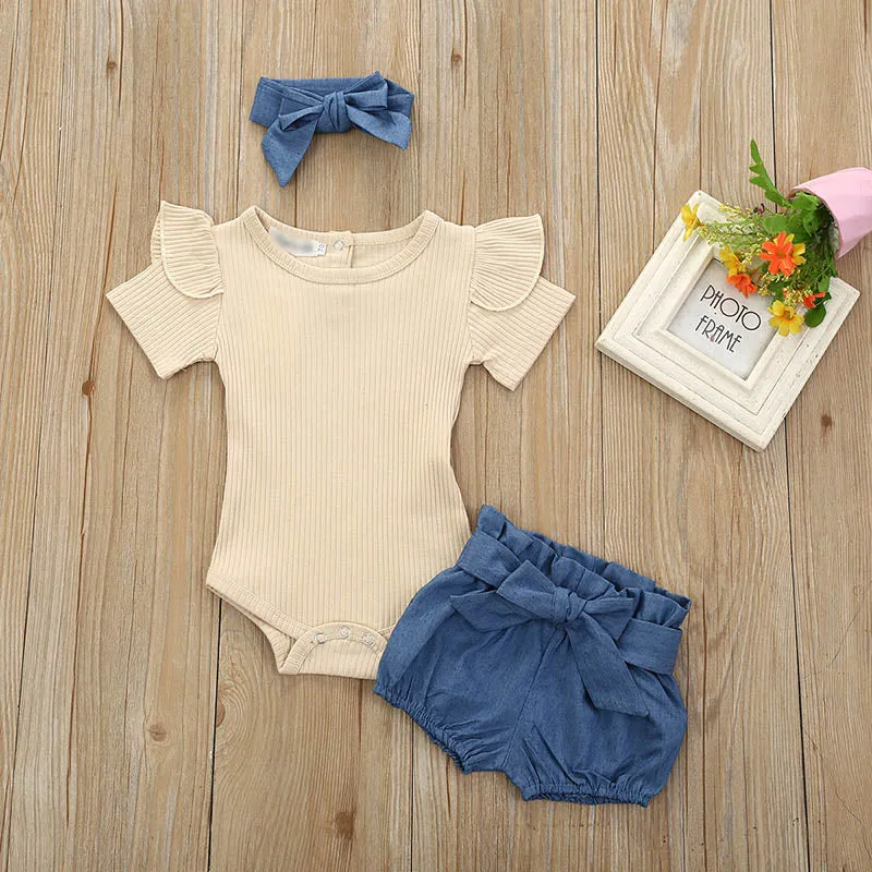 Newborn Baby Girls Outfits Clothes Cotton Solid Romper Jumpsuit   Denim Shorts Headband Sweet Set  New 2023