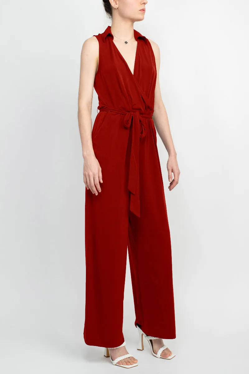 Nina Leonard V-Neck Pull Over Sleeveless Front Tie Waist Jersey Jumpsuit