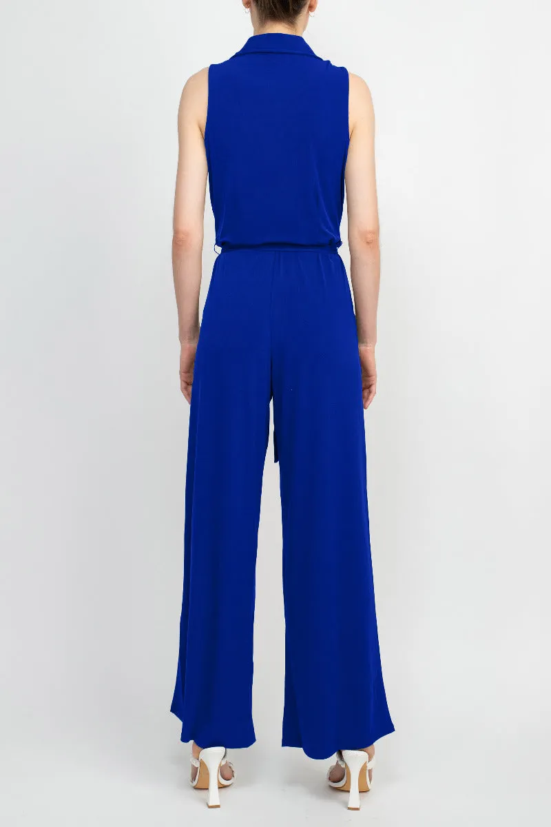 Nina Leonard V-Neck Pull Over Sleeveless Front Tie Waist Jersey Jumpsuit