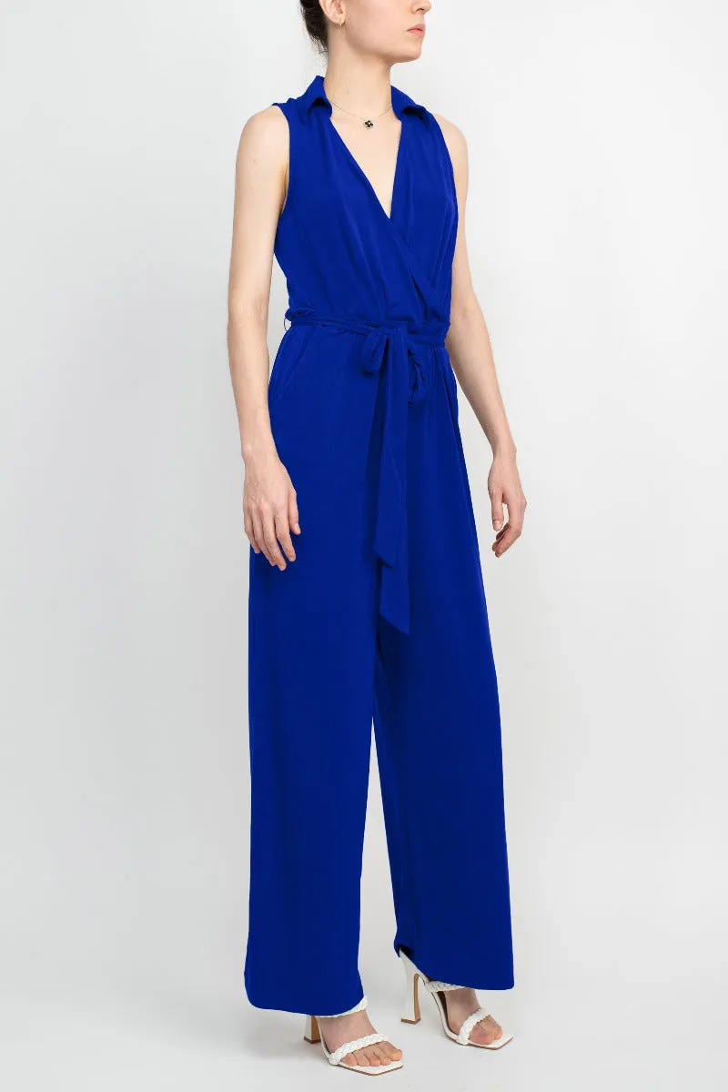 Nina Leonard V-Neck Pull Over Sleeveless Front Tie Waist Jersey Jumpsuit