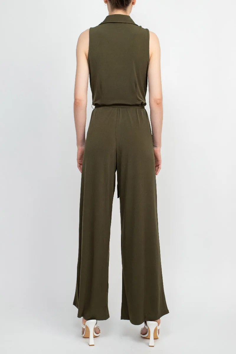 Nina Leonard V-Neck Pull Over Sleeveless Front Tie Waist Jersey Jumpsuit