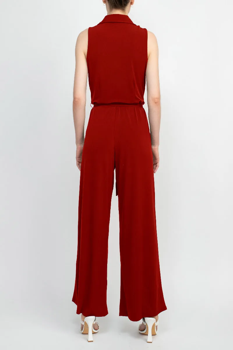 Nina Leonard V-Neck Pull Over Sleeveless Front Tie Waist Jersey Jumpsuit