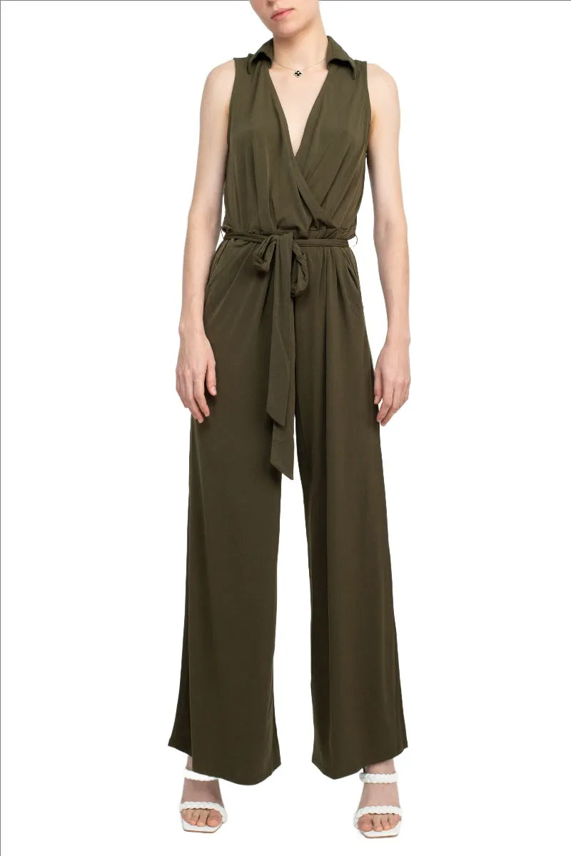 Nina Leonard V-Neck Pull Over Sleeveless Front Tie Waist Jersey Jumpsuit