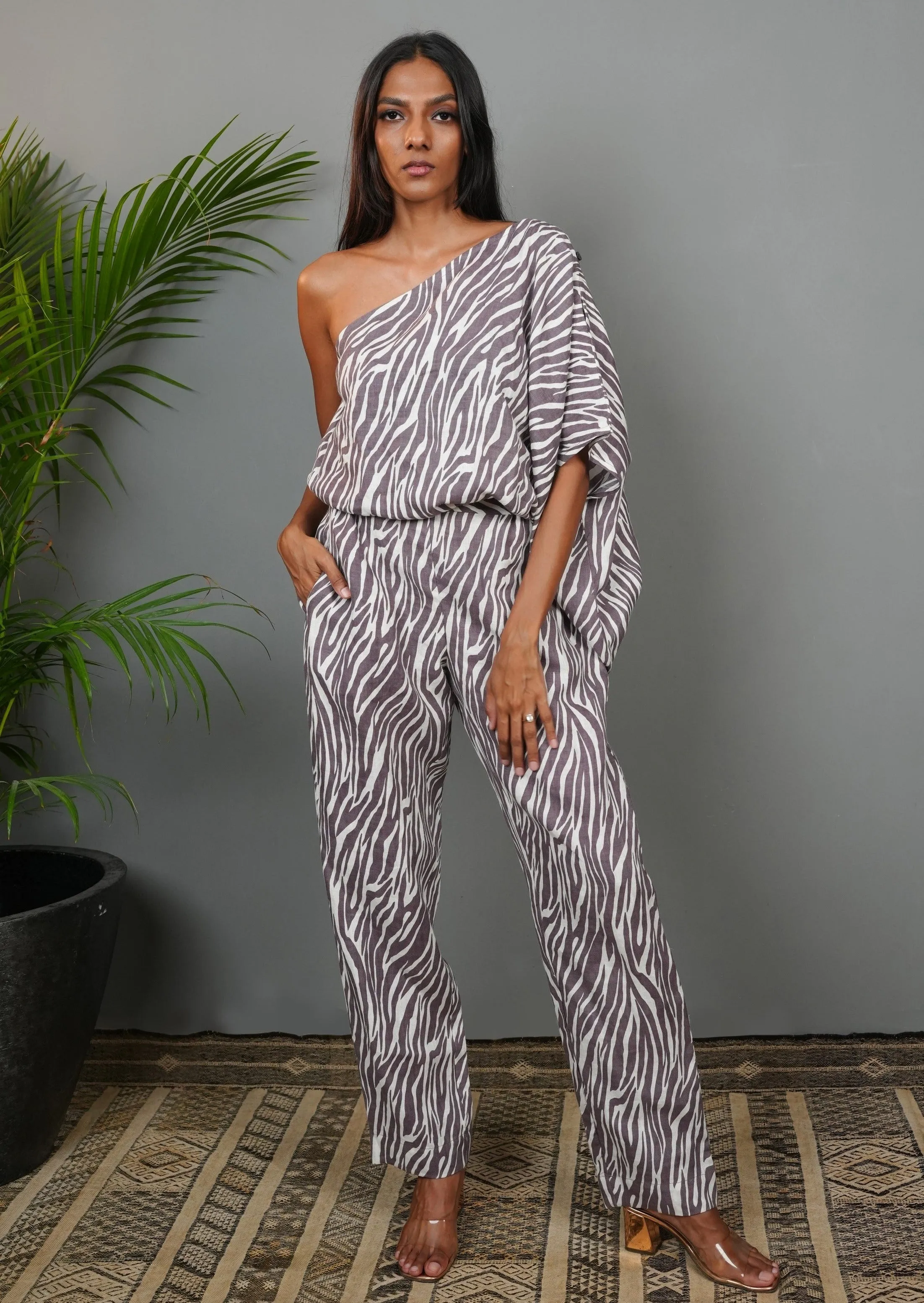 One Shoulder Jumpsuit - Taupe Tiger