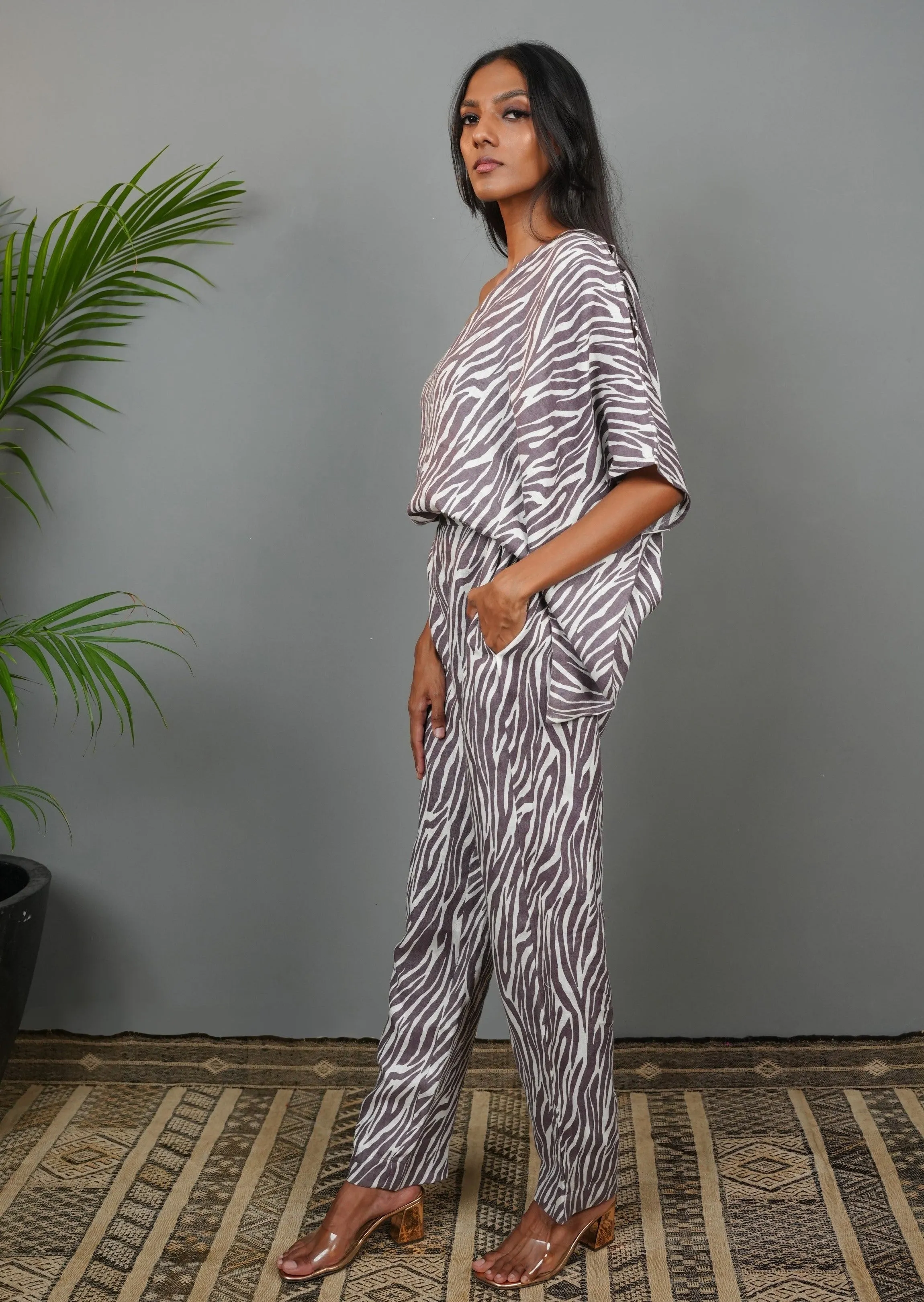 One Shoulder Jumpsuit - Taupe Tiger