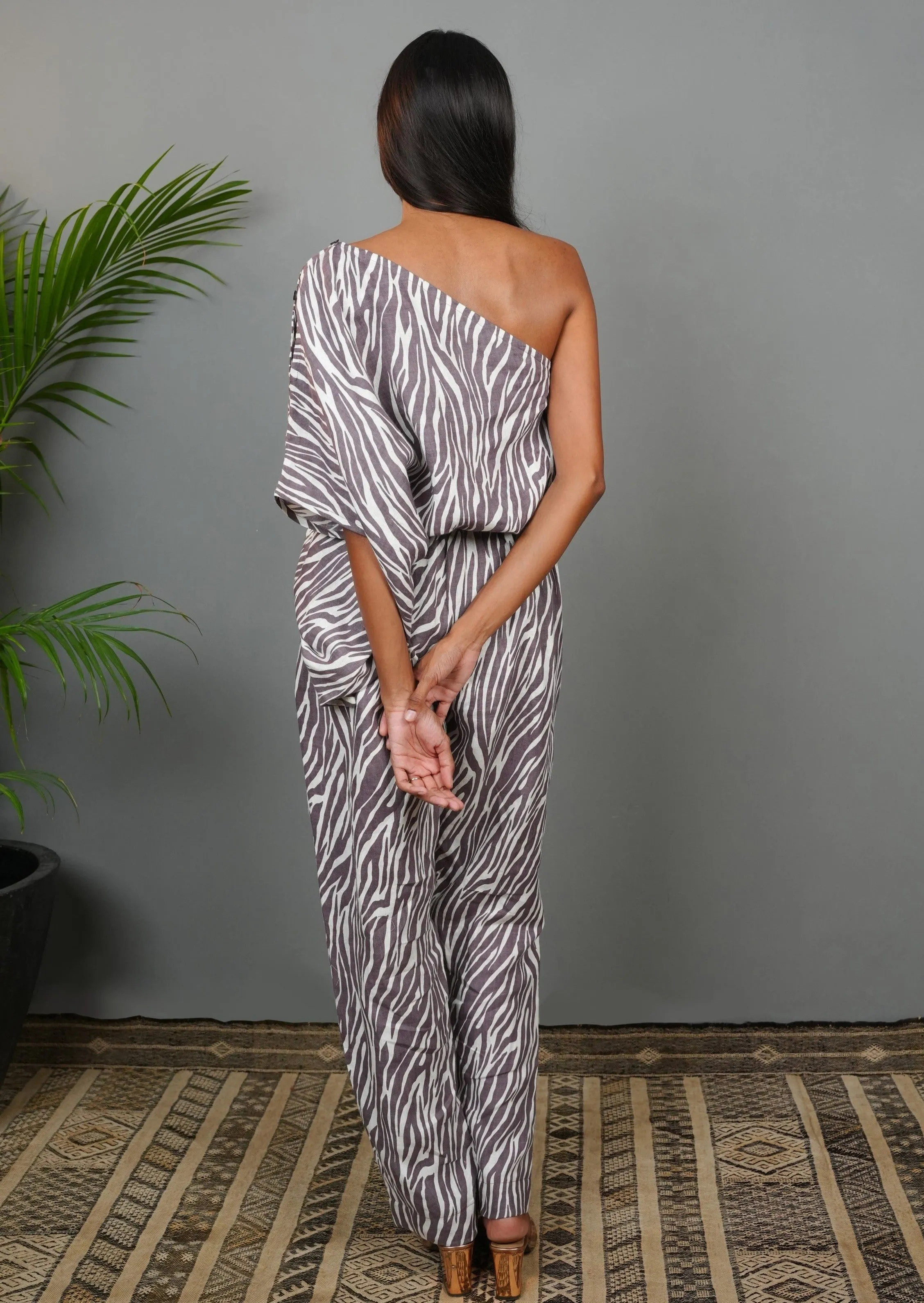 One Shoulder Jumpsuit - Taupe Tiger