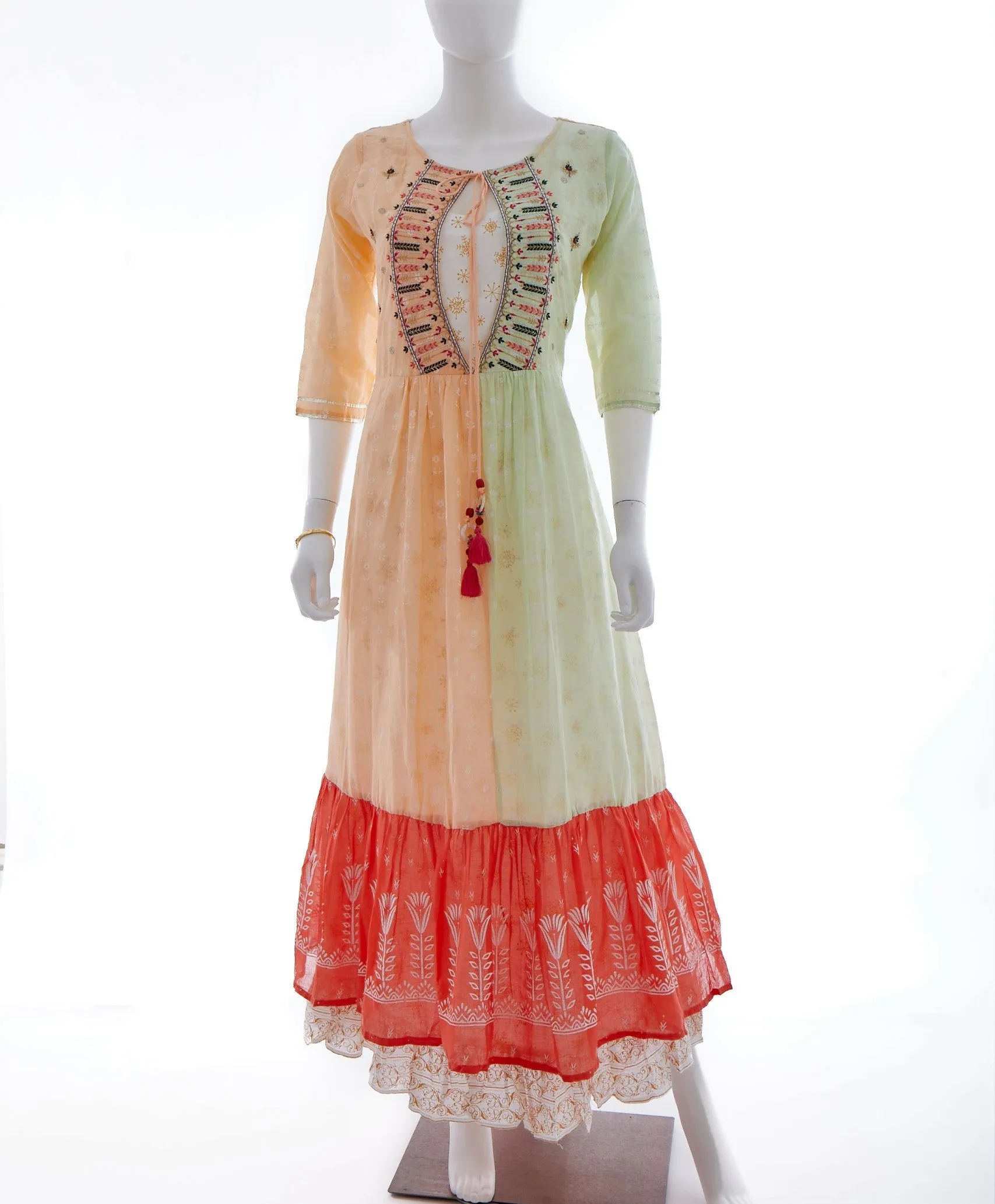 Orange and Pista Green A-Line Kurti