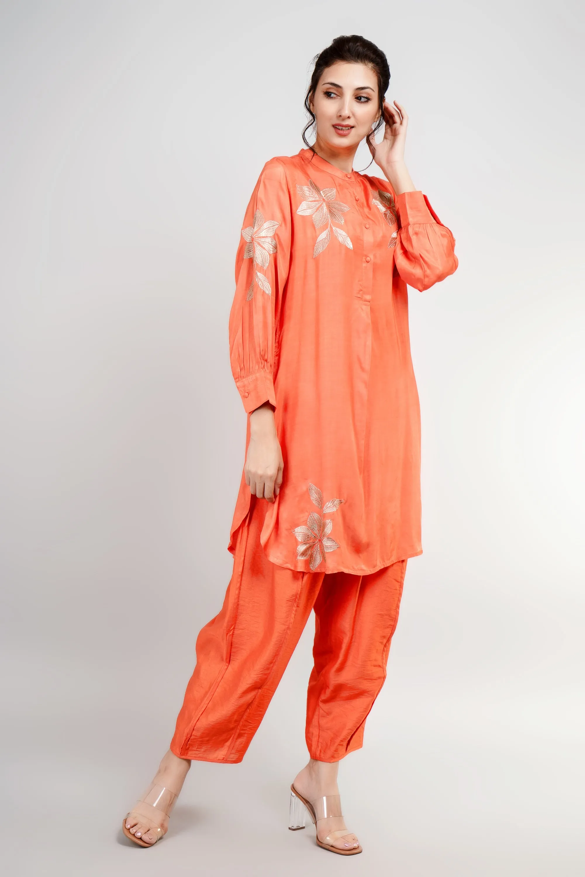 Orange Embroidered German Silk Co-Ord Set