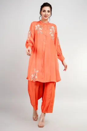 Orange Embroidered German Silk Co-Ord Set