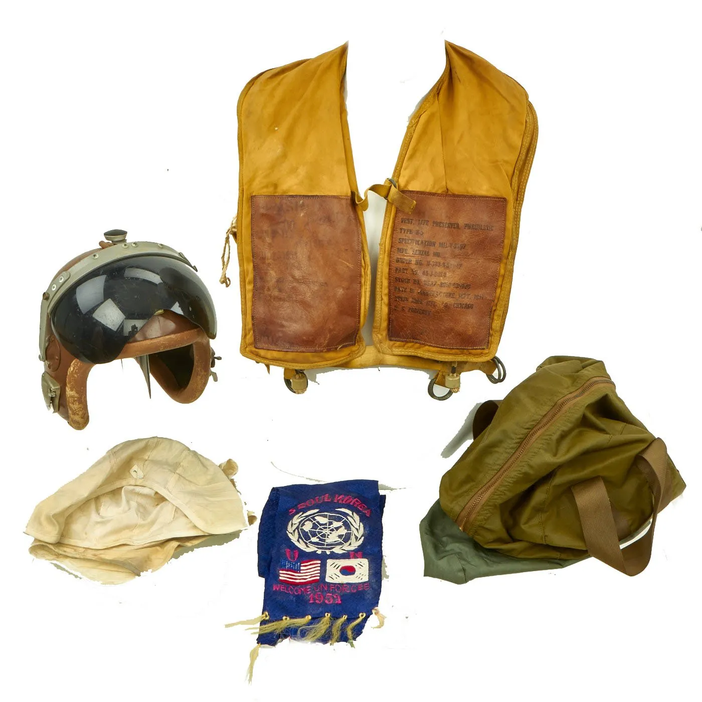 Original U.S. 1950s Flight Helmet Grouping with B-5 Life Vest and Embroidered Scarf