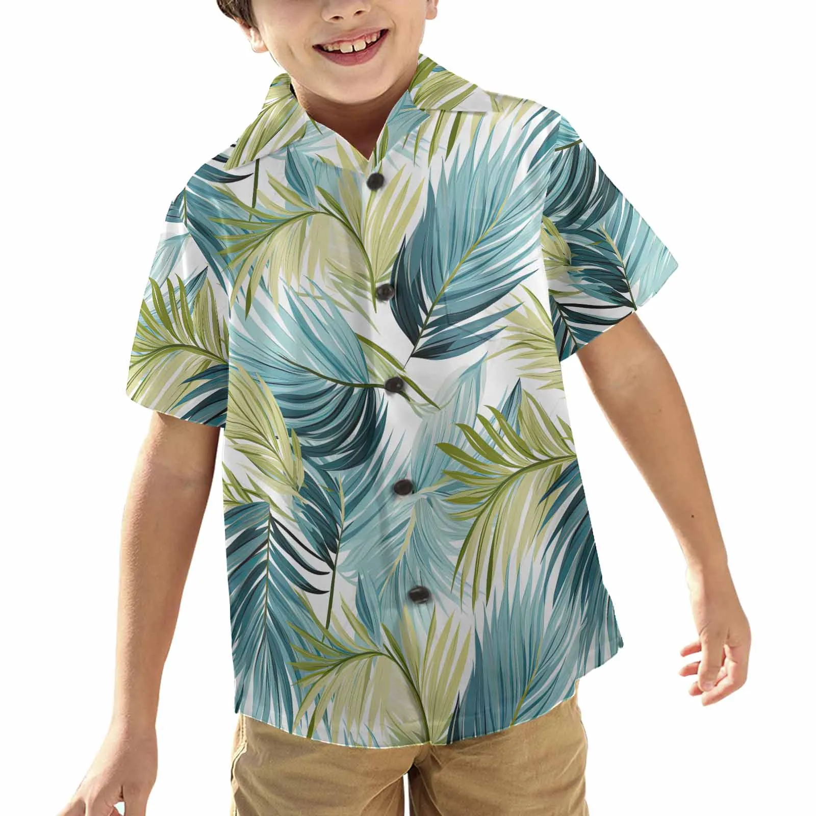 Palm Leaves Blue Green  Little Boys Hawaiian Shirt