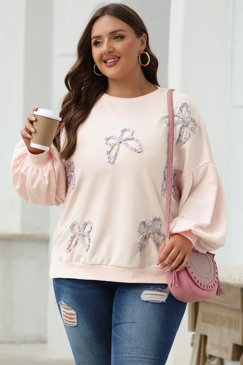 Parchment Embroidered Bow Lantern Sleeve Oversized Pullover Sweatshirt