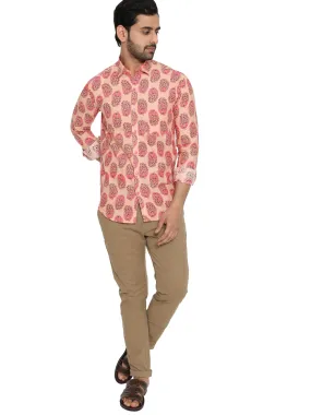 Peach Full Sleeve Printed Men's Cotton Shirt