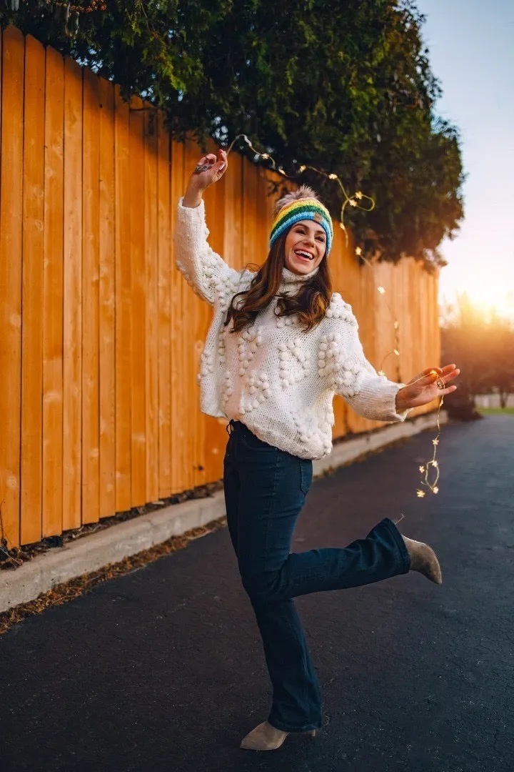 Pink Rainbow Stripe Cable Knit Hat with Pom