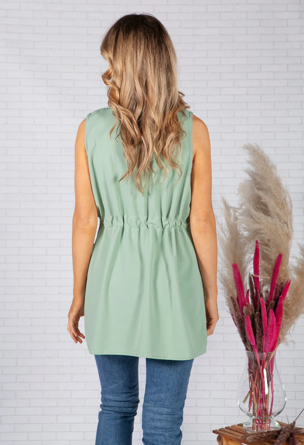 Pistachio Drawstring waterfall front scuba crepe gilet