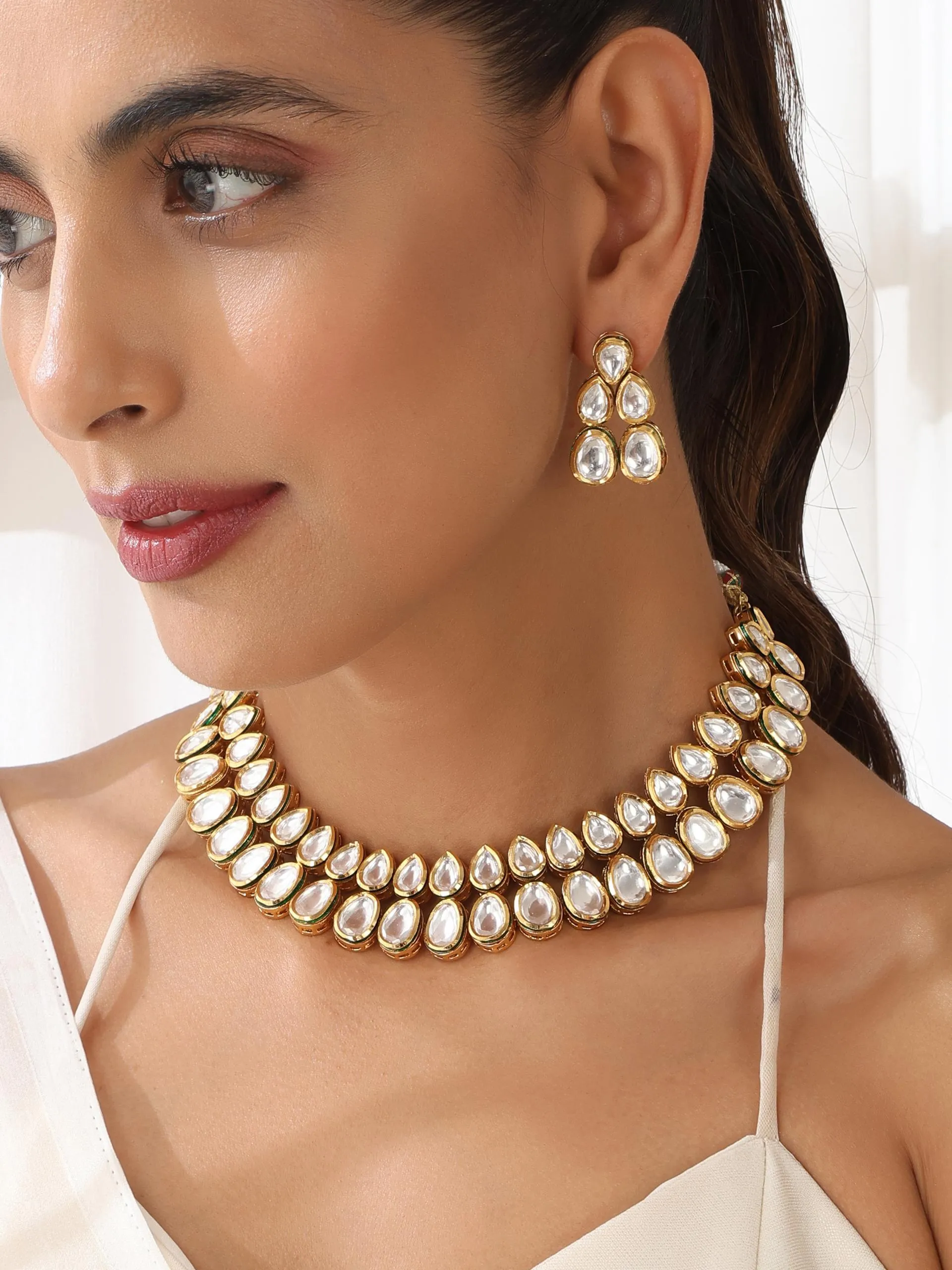 Polki Double String Necklace and Earring