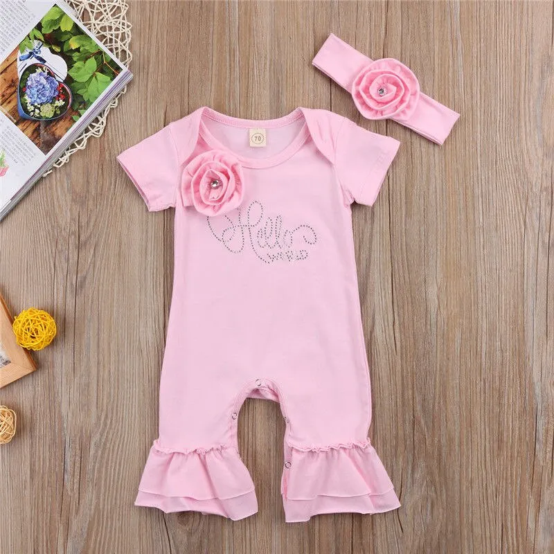 Pudcoco Girl Jumpsuits Newborn Baby Girls Flower Romper Jumpsuit Headband Outfits Clothes Set