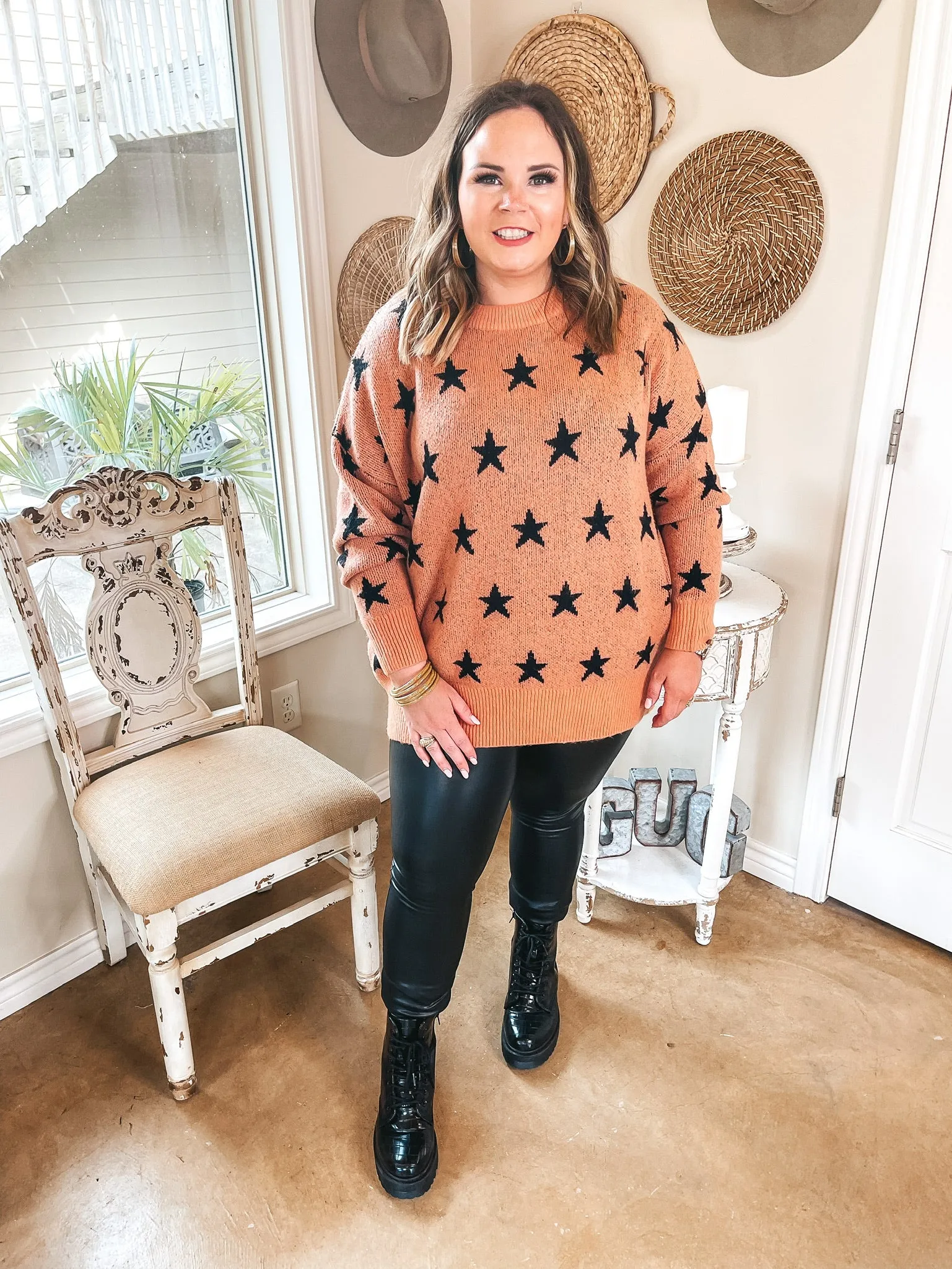 Pumpkin Spice Dreams Star Print Long Sleeve Sweater in Coral Orange