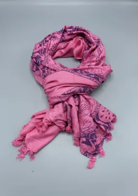 Pure Cotton Peacock Print Dark Pink Shawl with Furka