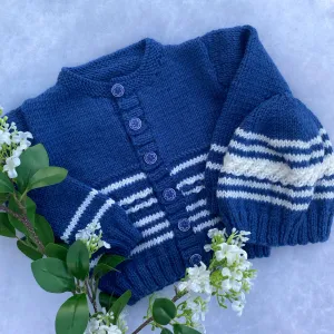 "Inspiration Range" - Classic hand knit merino baby cardigan and hat set (6-12m)