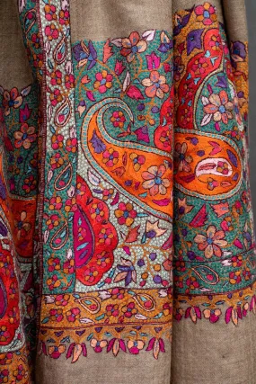 Rangrez Pashmina Shawl, Paper Machie Embroidery, Handmade in Kashmir, 40x80"