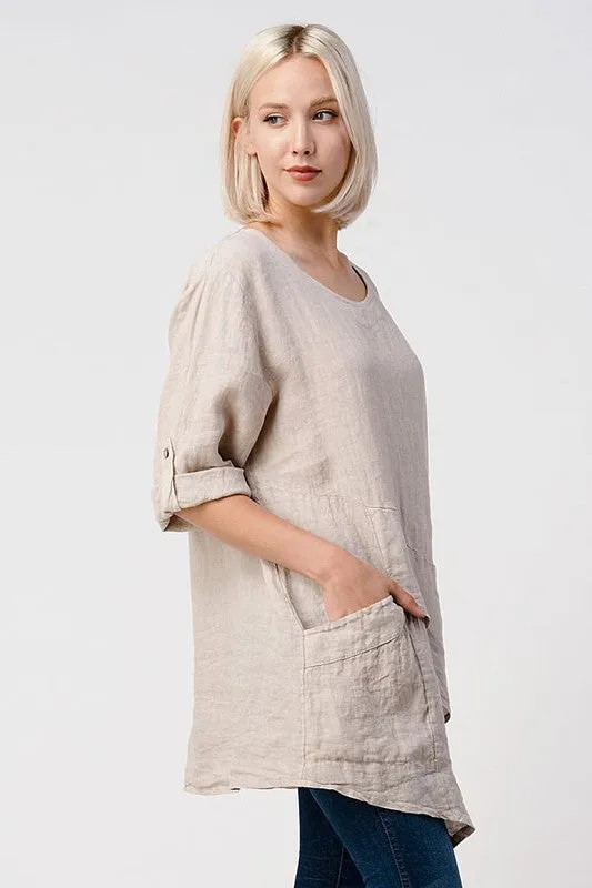 Raw Moda Asymmetric Single Pocket Linen Tunic