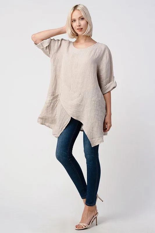 Raw Moda Asymmetric Single Pocket Linen Tunic