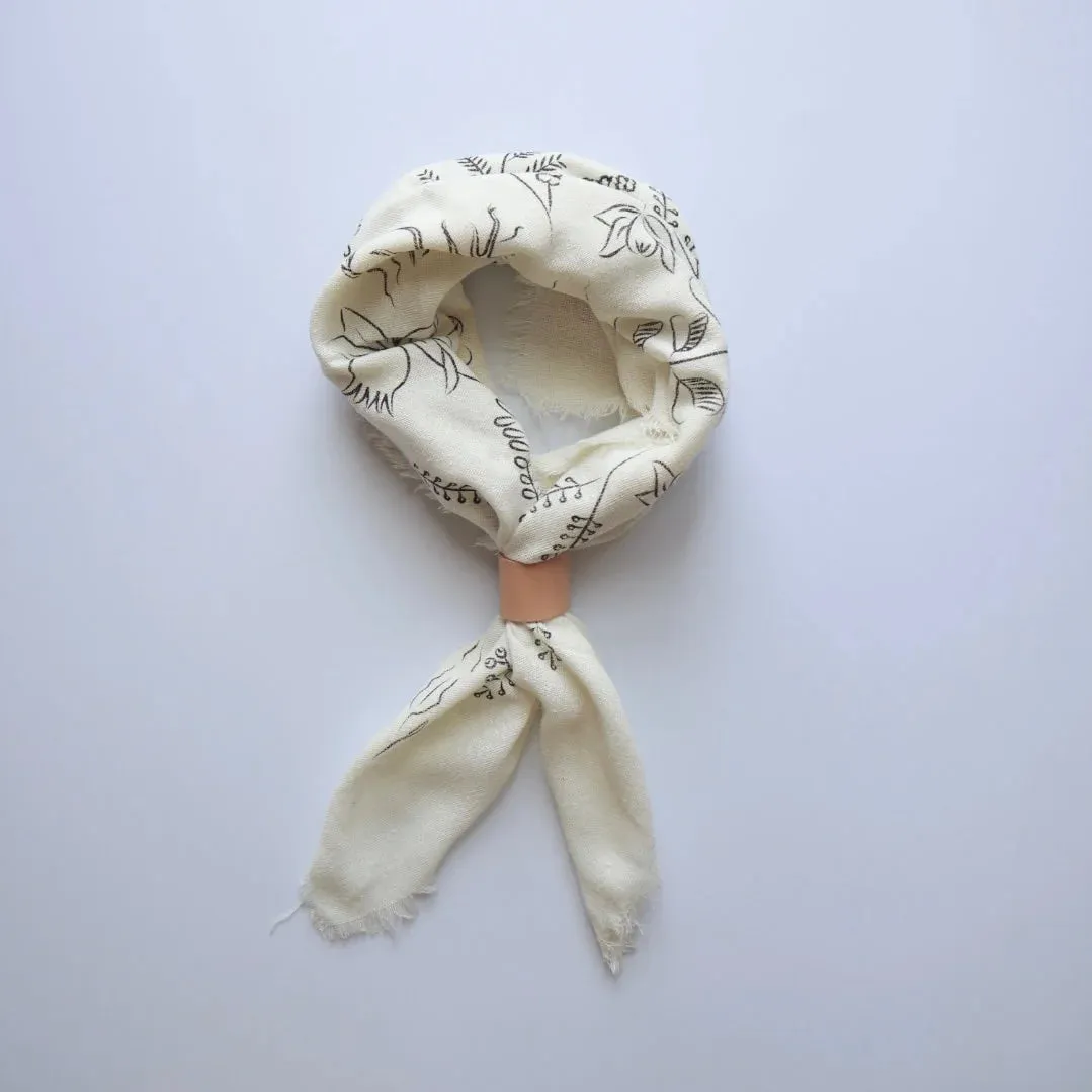 Raw Silk Bandana in Cream Botanical Print -Black Ink