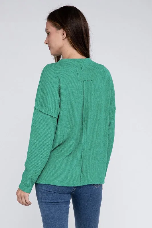 Ribbed Brushed Melange Hacci Sweater with a Pocket