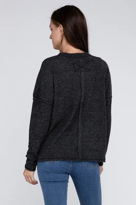 Ribbed Brushed Melange Hacci Sweater with a Pocket