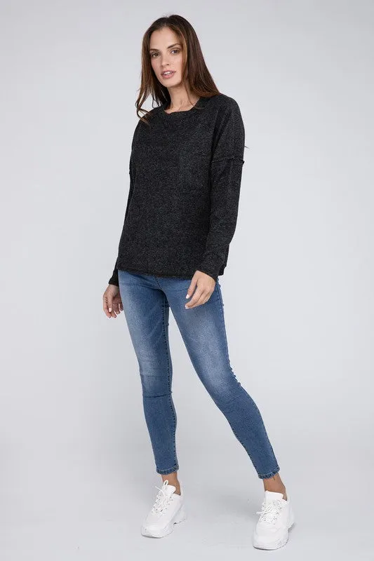 Ribbed Brushed Melange Hacci Sweater with a Pocket