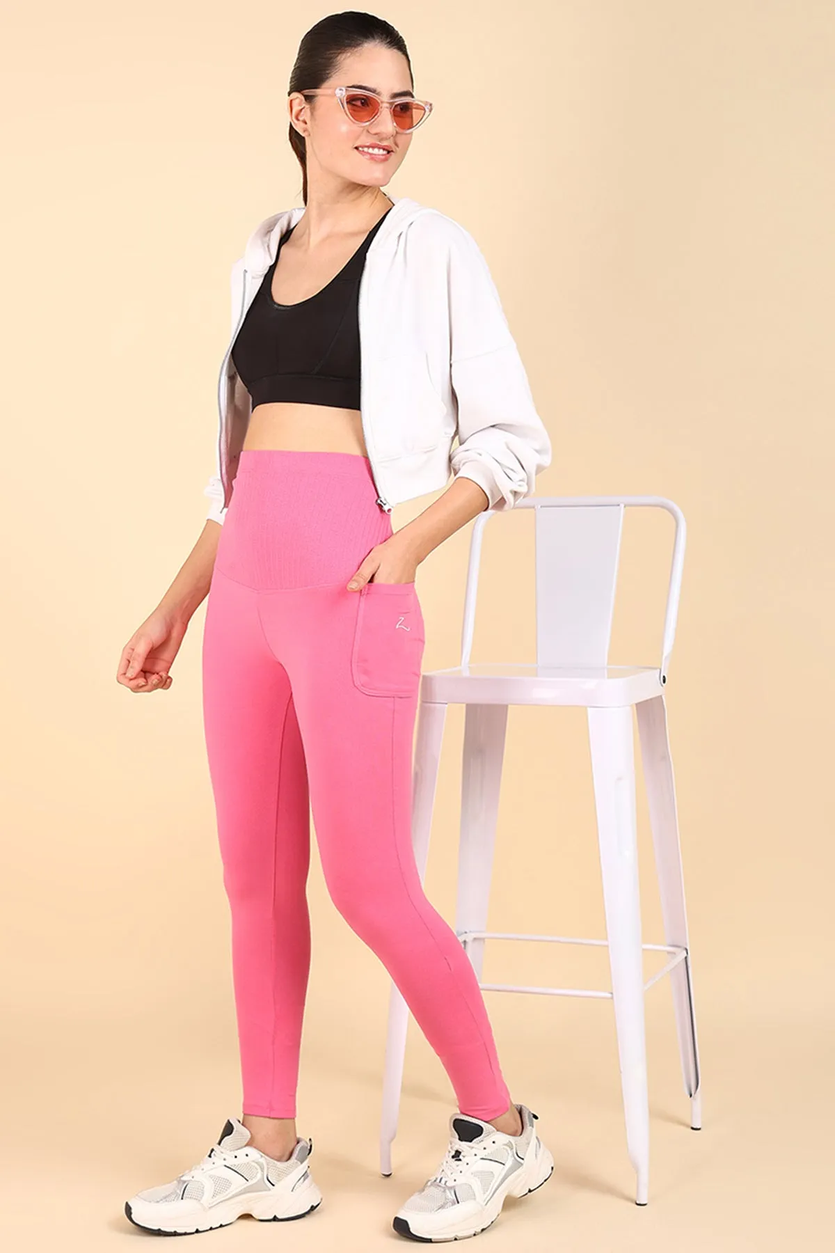 Ribbed Cotton Pink Maternity Legging (Pregnancy & Postpartum)