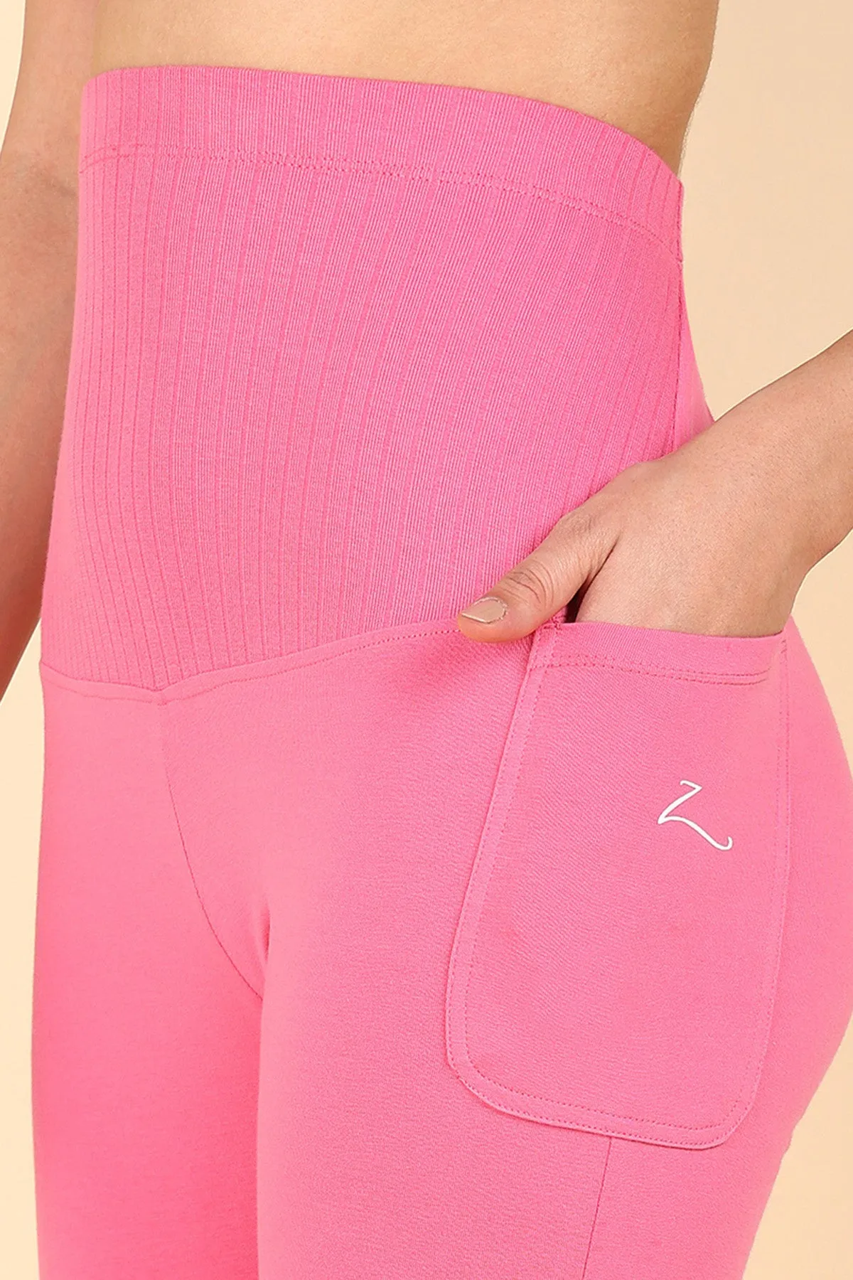 Ribbed Cotton Pink Maternity Legging (Pregnancy & Postpartum)