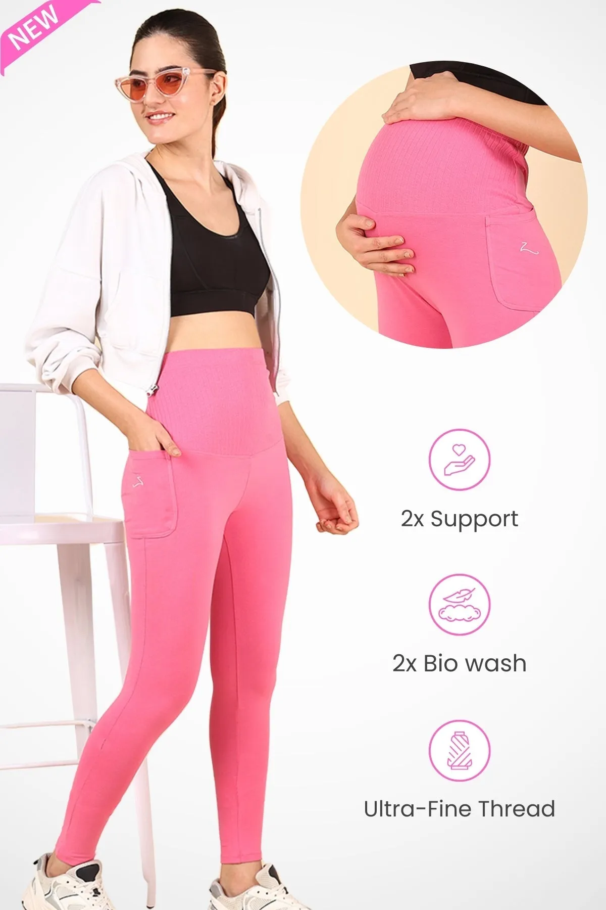 Ribbed Cotton Pink Maternity Legging (Pregnancy & Postpartum)