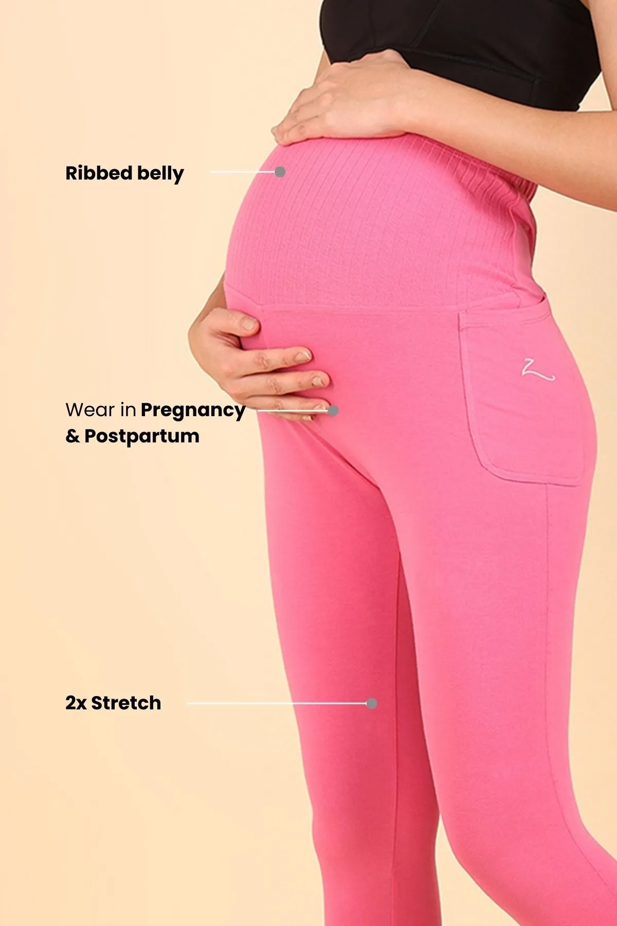 Ribbed Cotton Pink Maternity Legging (Pregnancy & Postpartum)