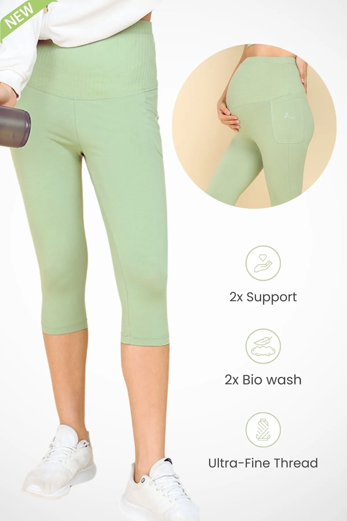 Ribbed Cotton Pistachio Green Maternity Capri (Pregnancy & Postpartum)