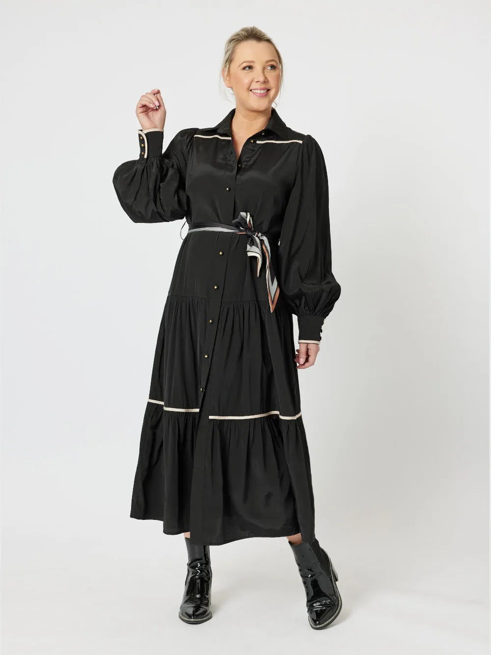 Roma Trim Dress With Scarf Belt - Black