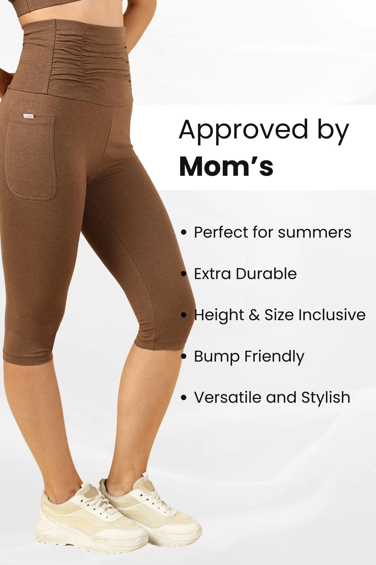 Ruched Cotton Melange Brown Maternity Capri (Pregnancy & Postpartum)